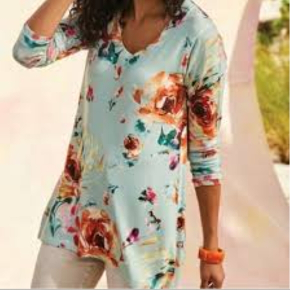 Soft Surroundings Mint Watercolor Rose Design Sweater Knit Delphina Tunic Top - Picture 6 of 6